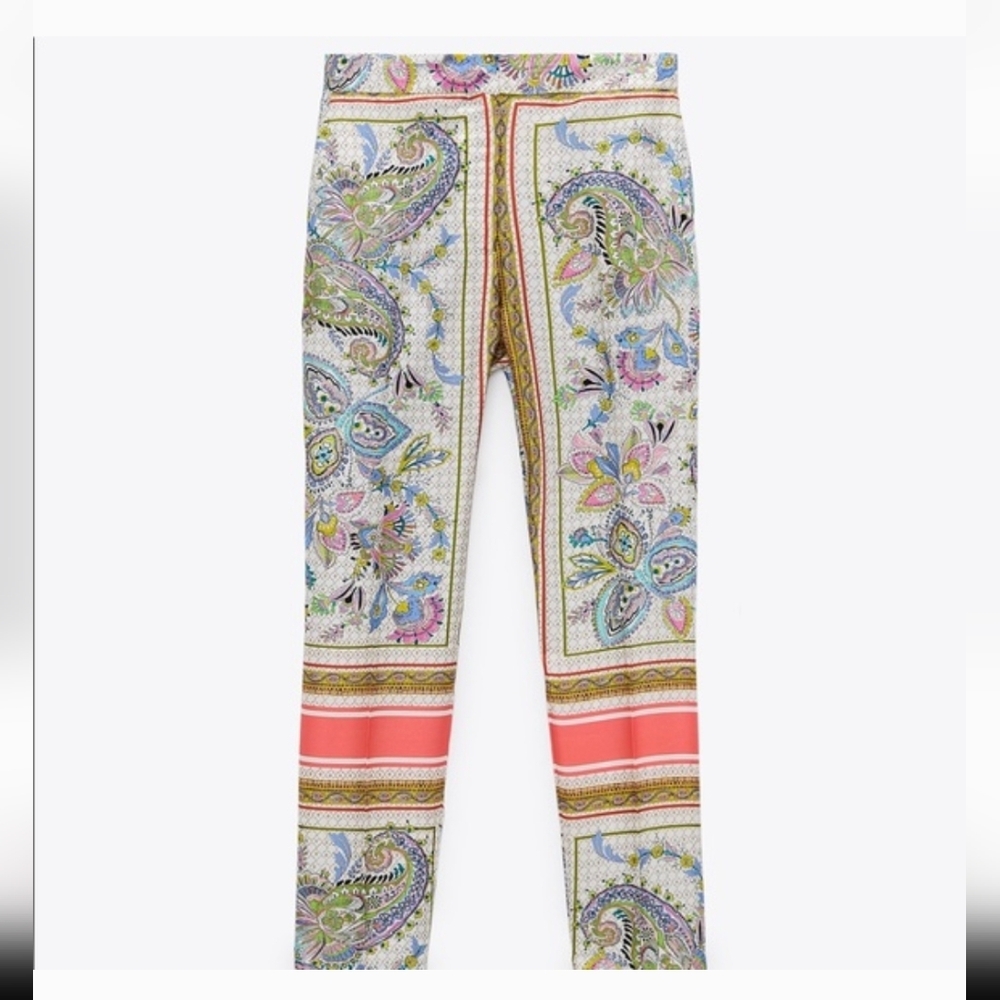ZARA paisley Stripe Satin Trousers S Womens Pants Flat Front Multicolor Slacks